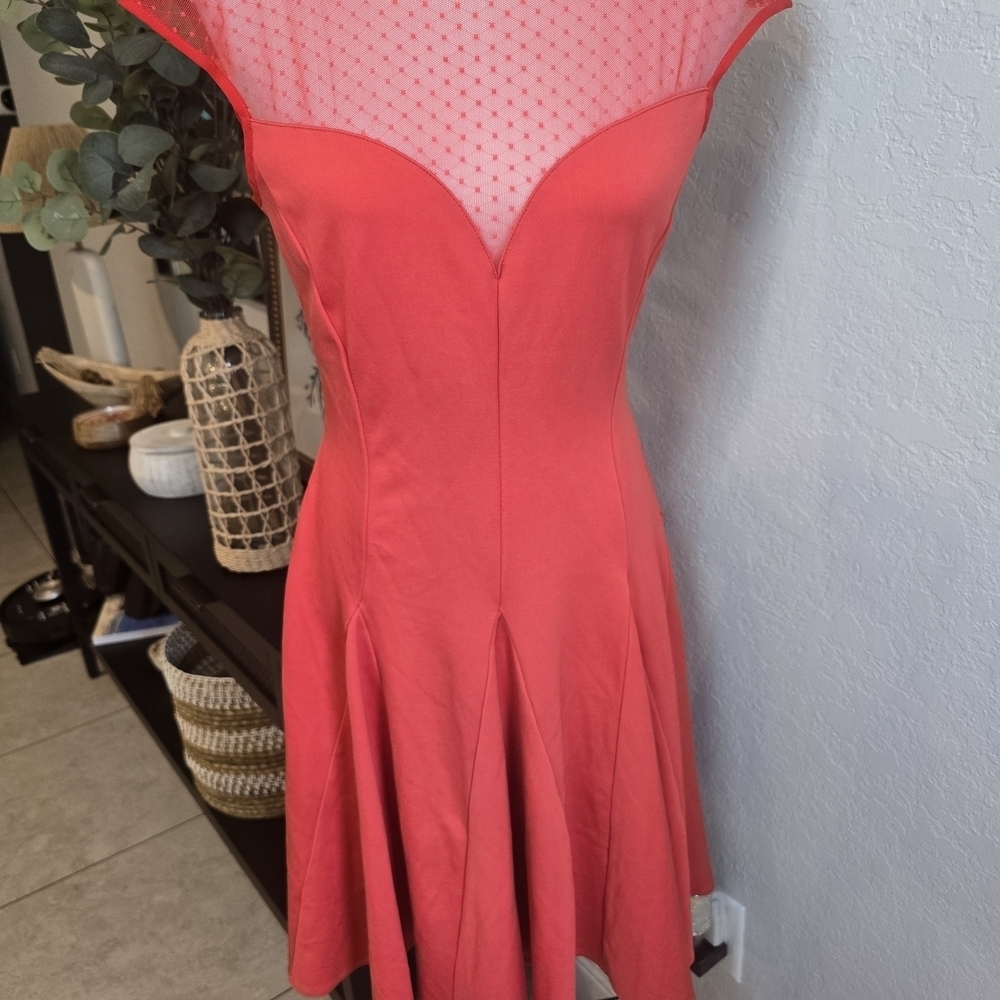 Halston Heritage Vintage Crew Neck With Mesh Accents Red Midi Dress Size M